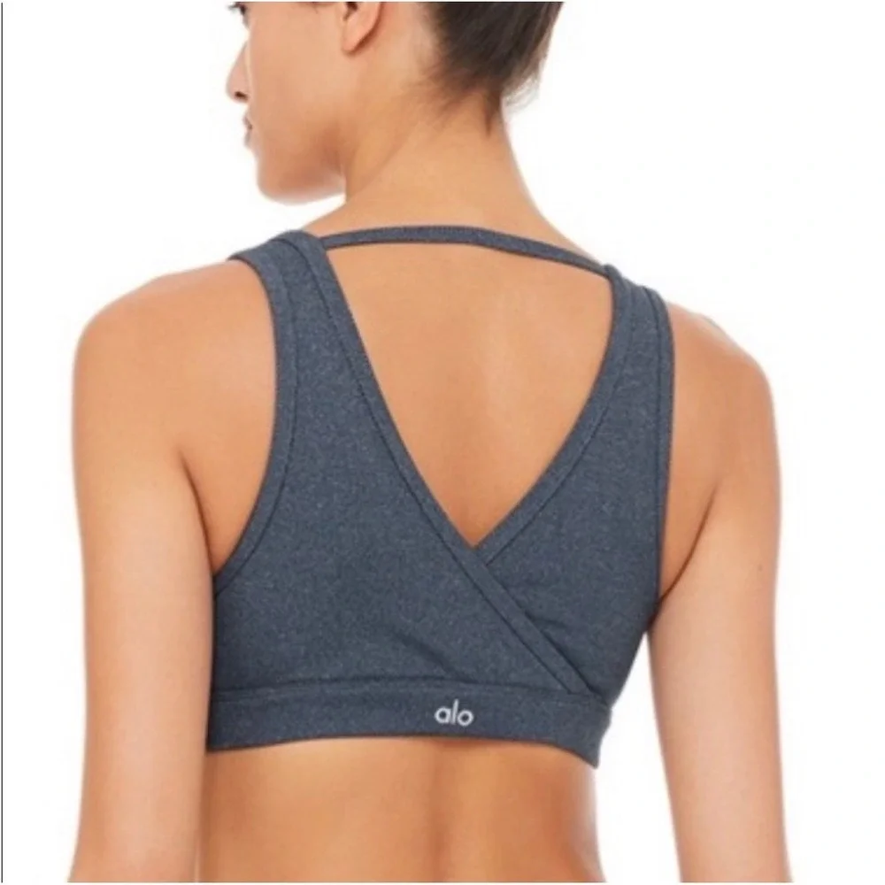 Alo Yoga togetherness Surplice Ribbed Sports Bra Small Blue Wrap Front Racerback